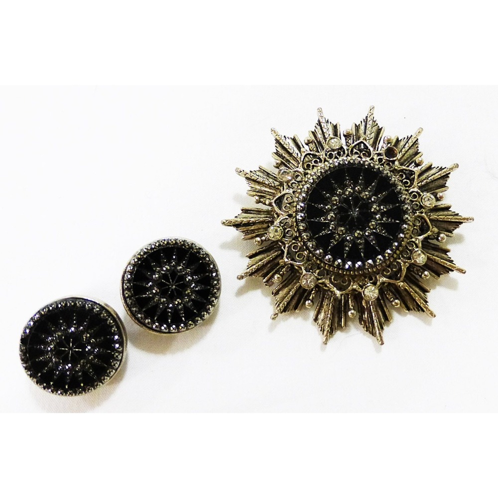 Vtg Onyx silver star brooch pin pendant earring set goth renaissance celestial